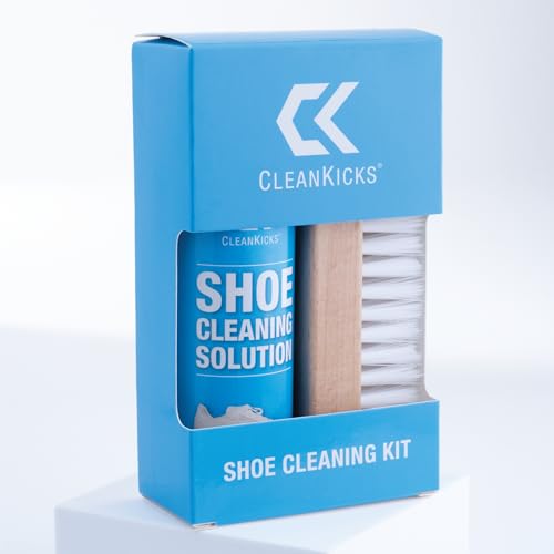CleanKicks Shoe Cleaning Kit - Footwear Cleaner for Sneakers, Boots, Cleats, and Many Other Shoe Types - (4 Ounce Bottle and Brush). Packaging May Vary Between Green and Blue.