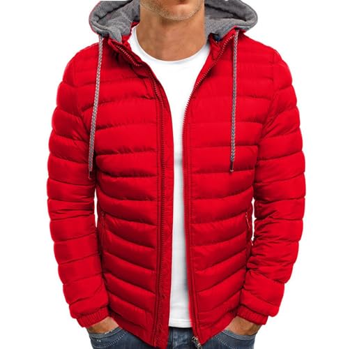 WENKOMG1 Puffer Jackets For Men,Solid Lightweight Packable Outerwear Zip Up Warm Cozy Removable Hood Jackets,Winter Jacket Ski Jacket Fleece Jacket Heated Jacket For Men(A-Red,Medium)