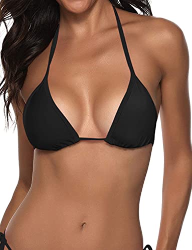 Suvimuga Women's Triangle Bikini Top Push up Padded Halter String Bathing Suits Top Black XS