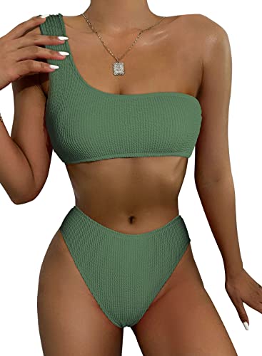 Astylish Ladies Sexy Push Up Cropped Bikini Swimsuits Asymmetrical Neck Pleated Swimwear Bathing Suit Green Large