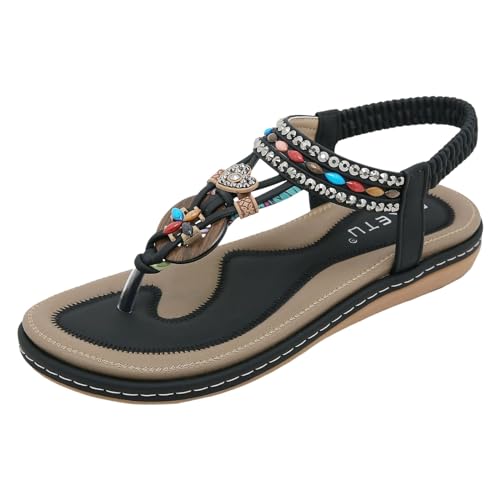 Womens Flats Sandals, Bohemian Beaded Open Toe Elastic Ankle Strap Sandals Summer Comfortable Beach Shoes Sandal Black, 7