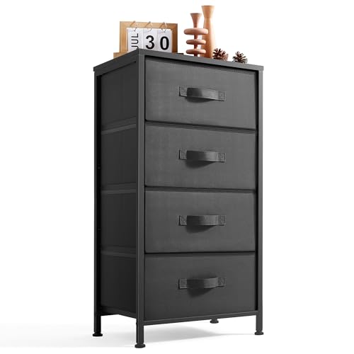 LINSY HOME Dresser for Bedroom, Black Dresser with 4 Drawers, Chest of Drawers with Wood Top and Steel Frame, Storage Drawers for Closet, Living Room, Hallway, Entryway