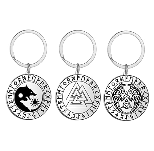 VASSAGO Viking Runes Keychains 3 Pieces Stainless Steel Coin Pendant Key Chain Celtic Symbol Wolf Raven Hrunger Heart Keyring (3 pcs)