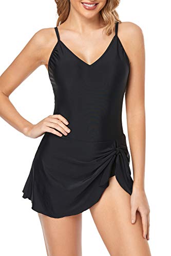 Husmeu One Piece Swimdress for Women with Shorts Tummy Control Swim Dress Swimwear Slimming Skirted Swimsuits Bathing Suit Dress Black L