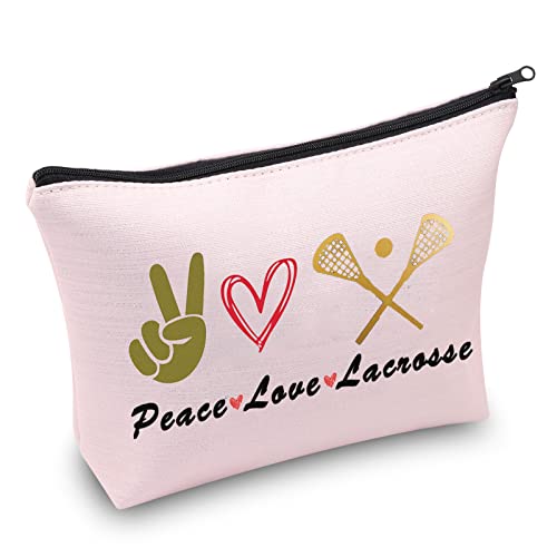 PXTIDY LAX Lacrosse Gifts Peace Love Lacrosse Makeup Bag Lacrosse Player Cosmetic Bag Gifts for Lacrosse Moms Lacrosse Fans(Pink)