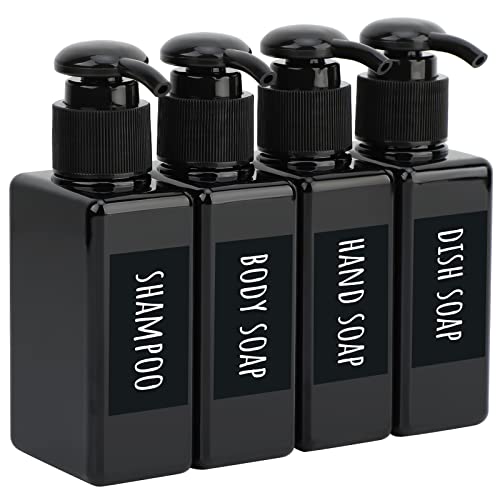 Segbeauty Black Plastic Square Shower Dispenser, 4pcs 3.4oz Empty Hand Soap Bottles with Label, 100ml Refillable Press Pump Portable Lotion Dispenser Liquid Container for Travel Bathroom Hotel Kitchen
