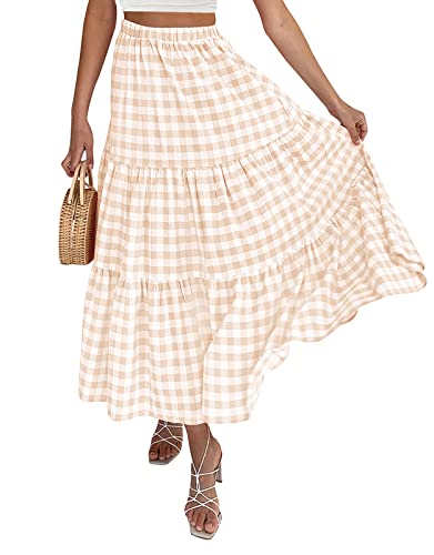 ZESICA Women's 2024 Summer Plaid Flower Print Elastic High Waist Flowy A Line Maxi Skirt with Pockets,Apricot,Medium