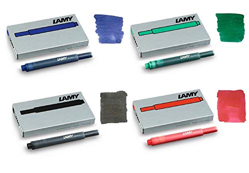 Lamy T10 Fountain Pen Ink Cartridges - Mix 4 Pack (20 Cartridges) - Black, Blue, Red, Green