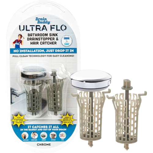 Drain Buddy Ultra Flo- 2 in 1 Bathroom Sink Stopper & Hair Catcher W/Patented Pull Clean Technology! | Fits 1.25” Sink Drains, Clog Preventing | Chrome Plastic Cap / 1 Replacement Basket