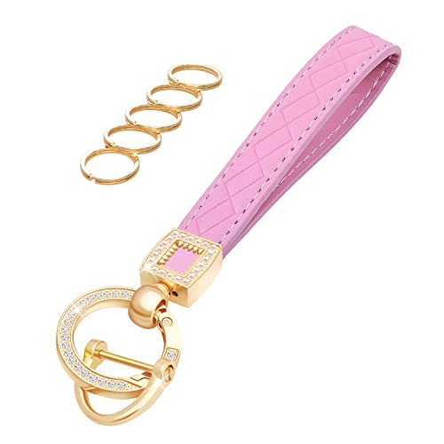 OHKYOOT Microfiber Leather Wristlet Keychain,Wrist Keychain Car Key Chain with 5 Key Ring and Anti-Lost D Ring (Pink Gold)