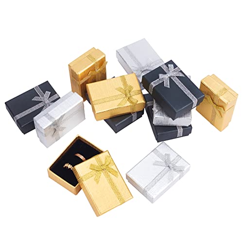 PH PandaHall Christmas Gift Box, 12pcs 2.7x2x1 Inch Cardboard Jewelry Gift Boxes Metallic Display Boxes Small Earring Gift Box with Bowknot for Pendant Jewelry Necklace Bracelet, Golden/Silver/Black