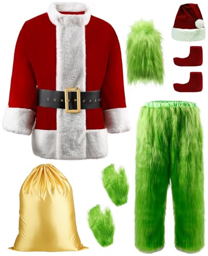 Green Christmas Costume for Men Santa Suit 9PCS Deluxe Furry Halloween Cosplay Outfit (Including Mask) Large