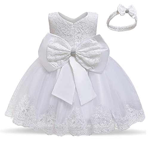 NNJXD Baby Girls Lace Dress Bowknot Flower Dresses Wedding Pageant Baptism Christening Tutu Gown Size (80) 6-12 Months #White, Toddler