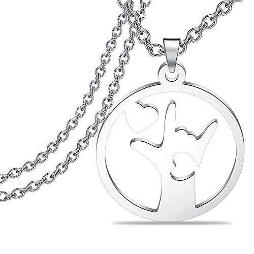 LQRI ASL American Sign Language Jewelry I Love You Hand Sign Language Charm Round Pendant Necklace ASL Jewelry Interpreter Gift (silver)