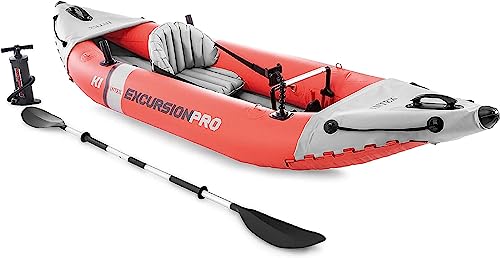 INTEX 68303EP Excursion Pro K1 Inflatable Kayak Set: Includes Deluxe 86in Aluminum Oars and High-Output Pump – SuperTough PVC – Adjustable Bucket Seat – 1-Person – 220lb Weight Capacity , Red