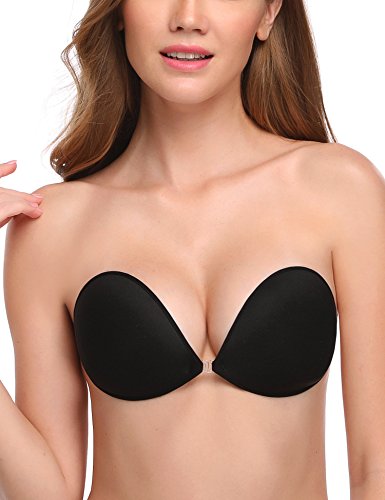 Wingslove Adhesive Bra Reusable Strapless Self Silicone Push-up Invisible Sticky Bras for Backless Dress (Black,B)