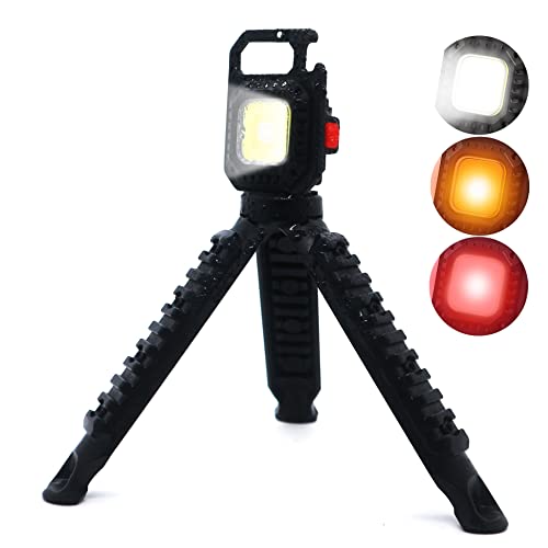 Mini Cob Flashlight with Tripod,Super Bright Light(Max to 500Lumens)Rechargeable Small Keychain Emergency Light,7 Modes Portable Pocket Light;Folding Bracket Bottle Opener for Fishing,Camping,Walking