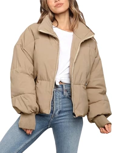 Lianlive Womens Cropped Puffer Jacket Oversized Black Short Puffy Winter Coat (Khaki-M)