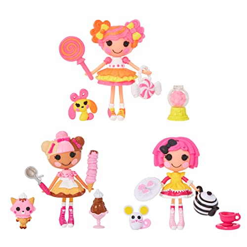 Lalaloopsy Mini Sweets Fair- Multi Pack Three 3' Dolls & 3 Pets with Crumbs Cookie, Scoops Waffle Cone & Sweetie Candy Ribbon Plus Adorable Accessories & Reusable Package playset, for Ages 3-103