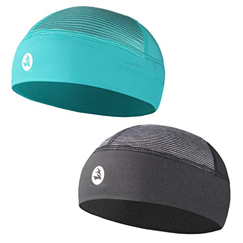 Low-Profile Cooling Helmet/Hard hat Liner, Stretch Working Cap, Summer Sweat Wicking Skull Cap, Running Beanie Sun Protection (Black Strips + Sky Green)
