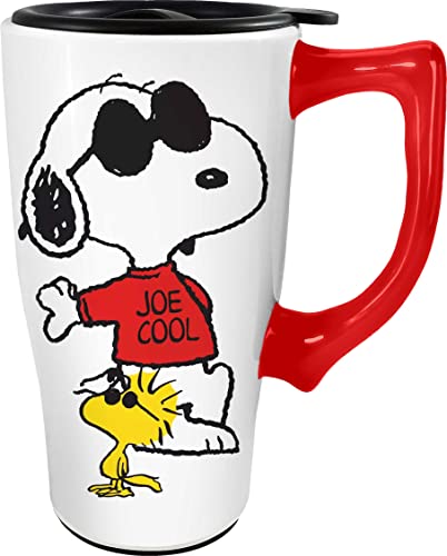 Spoontiques - Ceramic Travel Coffee Mug with Lid and Handle - Spill Proof Lid - Double Walled Mug for Hot and Cold Beverages - Microwave and Dishwasher Safe - Snoopy