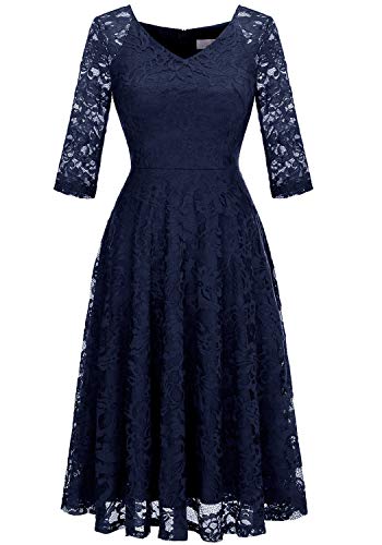 Dressystar Long-Sleeve A-Line Lace Bridesmaid Dress Midi for Wedding Formal Party XL Navy