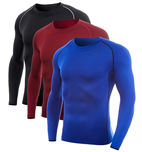 SILKWORLD Men's Long-Sleeve Compression Shirt Base-Layer Running Top, 3 Pack: Red, Blue, Black(Grey Stripe), L