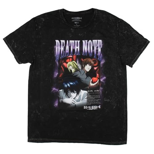 Death Note Men's Character Design Acid-Washed Anime Graphic Print Adult T-Shirt, Large Black