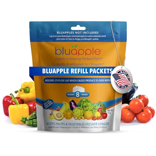 BluApple Produce Saver Refill Kit - Keep Fruits and Vegetables Fresh Longer, 8 Veggie and Fruit Saver Packets, Each Packet Lasts up to 3 Months, Ethylene Gas Absorber, Made in USA