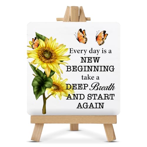 Inspirational Decor, Motivational Desk Decorations, Every Day Is a New Beginning Wood Sign with Easel Home Table Desk Decoration (Sunflower)