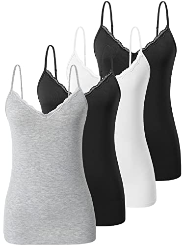 Vislivin Plain Camisole for Women Lace Tank Tops V Neck Adjustable Cami Sexy Undershirts 4 Pack Black/White/Black/Gray M