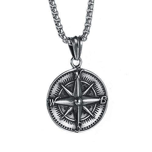 HIJONES Men's Stainless Steel Round Compass Pendant Necklace Vintage Chain, Chain Included