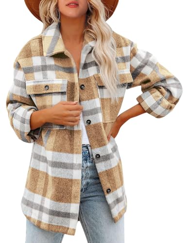 Lviefent Womens Casual Wool Blend Plaid Flannel Shackets Jacket Button Down Shirt Coat (Z-Khaki, Medium)