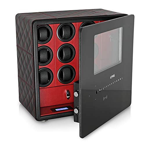Watch Winder Security Safe for 9 Watches with Jewelry and Money Compartments, Digital Lock, Alarm Option and Interior Backlight (Black + Red)
