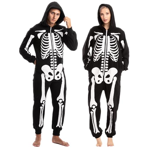 Spooktacular Creations Unisex Skeleton jumpsuit Pajama Plush Skeleton Jumpsuit Zippered Halloween Hoody Pajama for Adult Sleepwear Costume (Medium) Black
