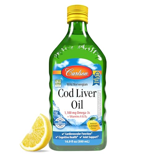 Carlson - Cod Liver Oil, 1100 mg Omega-3s, Liquid Fish Oil Supplement, Wild-Caught Norwegian Arctic , Sustainably Sourced Nordic Fish Oil Liquid, Lemon, 500 ml