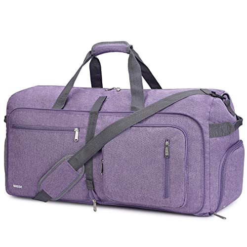WANDF Foldable Duffel Bag 65L with Shoes Compartment, Overnight Weekender Travel Duffle for Men Women Water-proof & Tear Resistant(Purple)