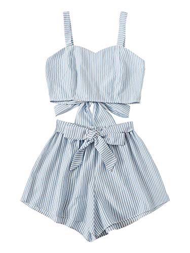 SweatyRocks Women's 2 Piece Outfits Summer Striped Knot Crop Top with Shorts Stripe Small