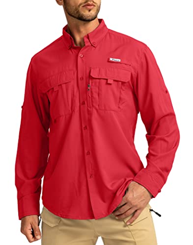 Men's Sun Protection Fishing Shirts Long Sleeve Travel Work Shirts for Men UPF50+ Button Down Shirts with Zipper Pockets(Red 3X-Large)