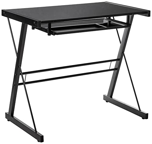 Walker Edison Modern Small Metal and Glass Computer Gaming with Under Desk Keyboard Tray Black Home Office Desk, 31 inch