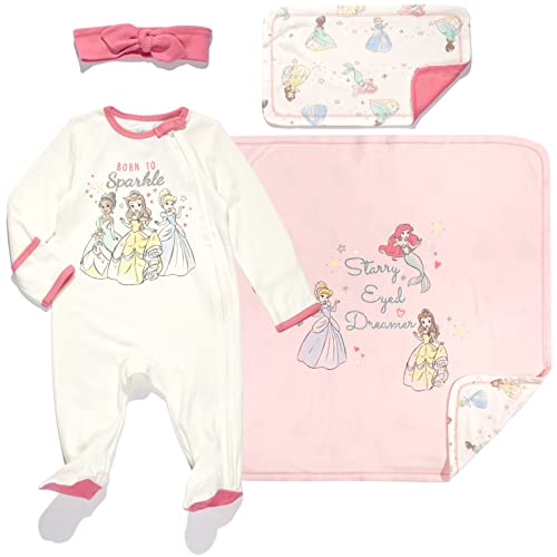 Disney Princess Zip Up Sleep N' Play Headband Burp Cloth and Blanket 4 Piece Set White/Pink 0-6 Months