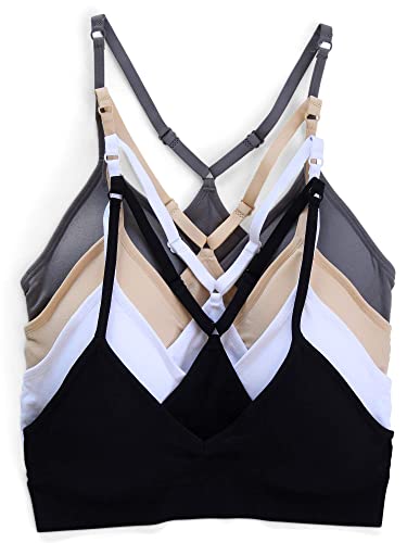 Kalon Women’s 4 Pack Racerback Sports Bralette Seamless Wireless Comfort Bra (Large, Basics)