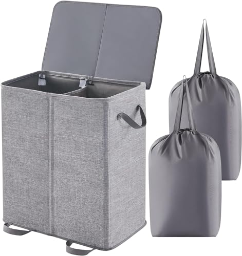 Lifewit Double Laundry Hamper with Lid and Removable Laundry Bags, Large Collapsible 2 Dividers Dirty Clothes Basket with Handles for Bedroom, Laundry Room, Closet, Bathroom, College, Grey