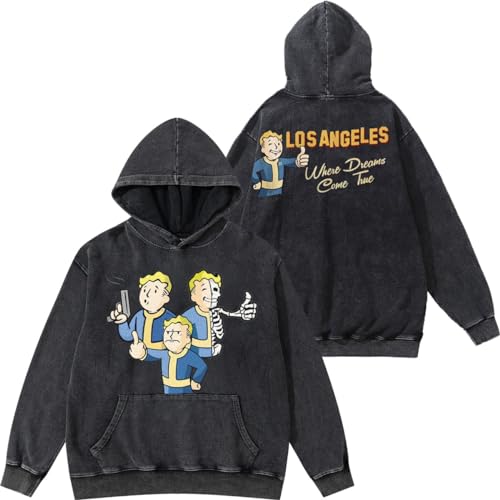 SOIIVRU Fallout Vault Boy Graphic Men Acid Wash Hoodie Men's Hoodie with Designs (Black,Large)
