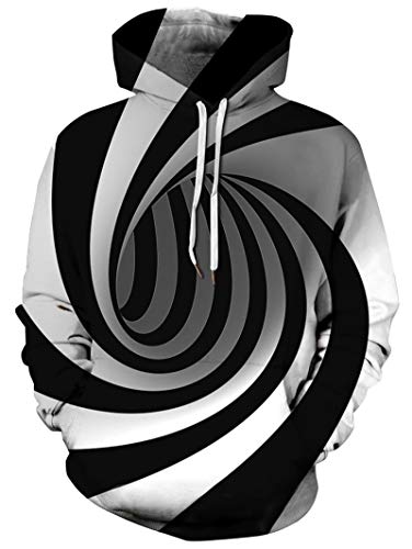 RAISEVERN Mens Cool Hoodie Funny Drawstring Pullover Sweatshirts 3D Black and White Circle Swirl Print Long Sleeve Shirts Lightweight Hooded with Pockets