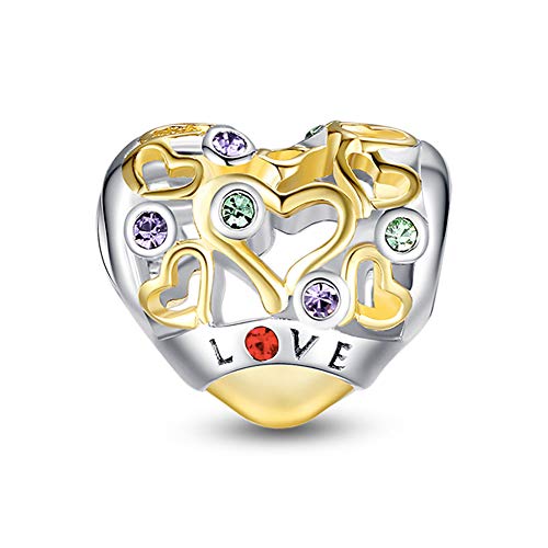 Glamulet Love Charm 925 Sterling Silver Heart Shape Bead Gold Charm Fit DIY Pandora Charm Bracelet&Necklace for Women