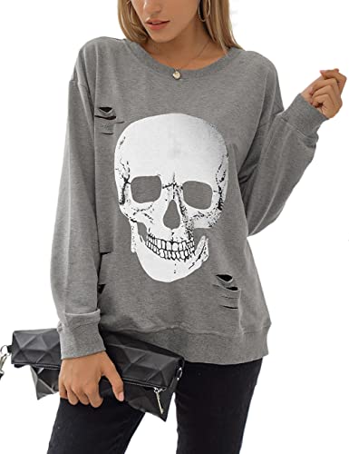 Blooming Jelly Women's Crewneck Sweatshirt Skull Graphic T Shirts Long Sleeve Top Pullover Oversized Sweaters(Medium,Grey