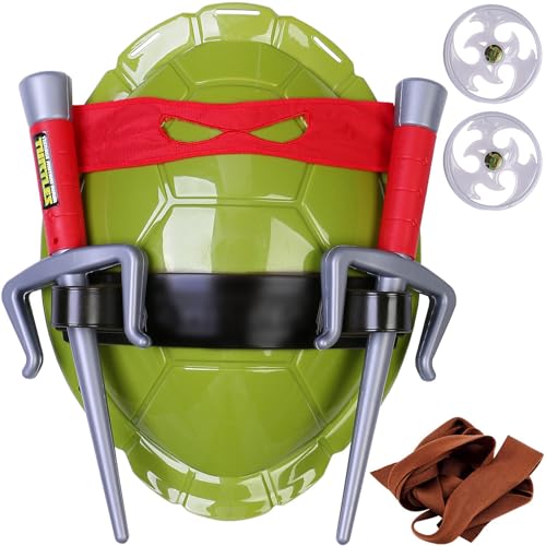 Superhero Turtle Shell Cosplay Costume for Kids, Turtle Shell Costume with Weapon & Eyepatch, Perfect for Kids' Birthday Parties and Halloween Anime Role Cosplay Gift for Boys and Girls (Red)