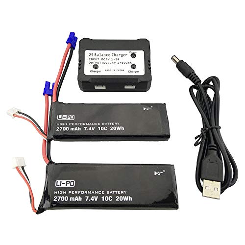 2PCS 7.4V 2700mAh Drone Lithium Battery with 2 in 1 Charger for Hubsan x4 H501S Pro H501A H501C H501S H501M H501S W H501S pro Brushless Quadcopter Drone