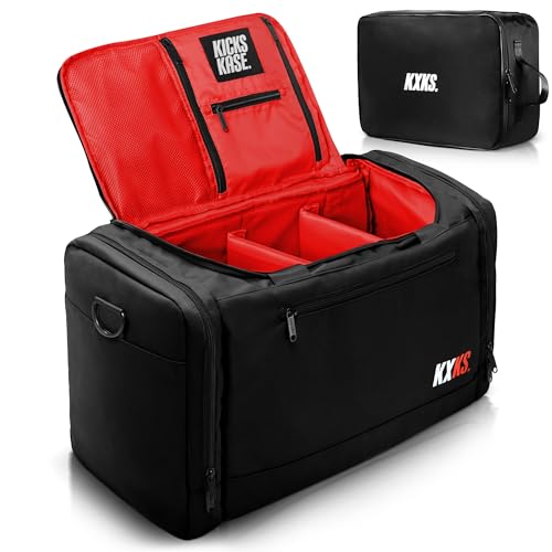 KXKS. (Kicks Kase) Premium Sneaker Bag & Travel Duffel Bag - 3 adjustable compartment dividers - For shoes, clothing and gym (Black/Red)